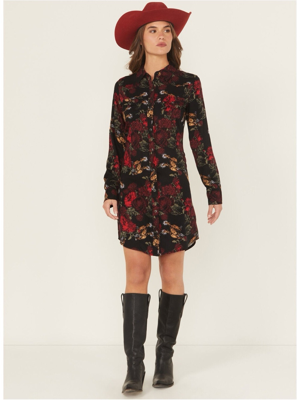 Wrangler NWT Western Floral Button-Front Mini Dress in Black and Red